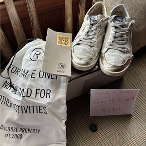 Golden Goose Distressed White,Pink, and Blue  Sneakers